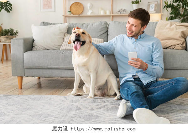 人与狗在家里沙发上玩耍摄影图